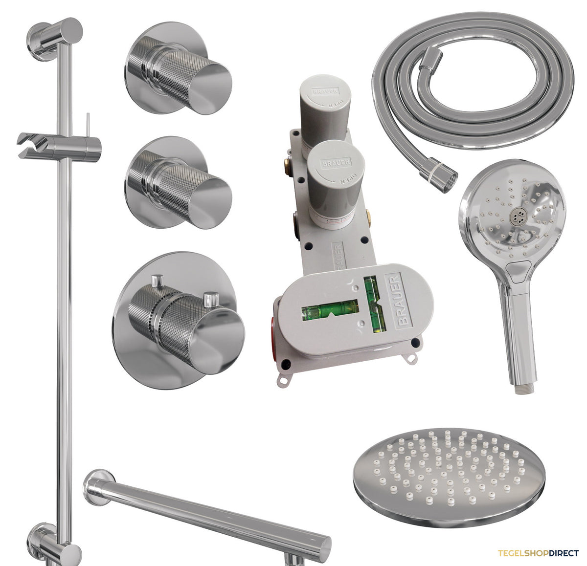 Regendoucheset Inbouw Brauer Chrome Carving Thermostatisch 20cm met Wandarm, Glijstang en Handdouche 3-Standen Losse Stopkranen Chroom – afbeelding 11