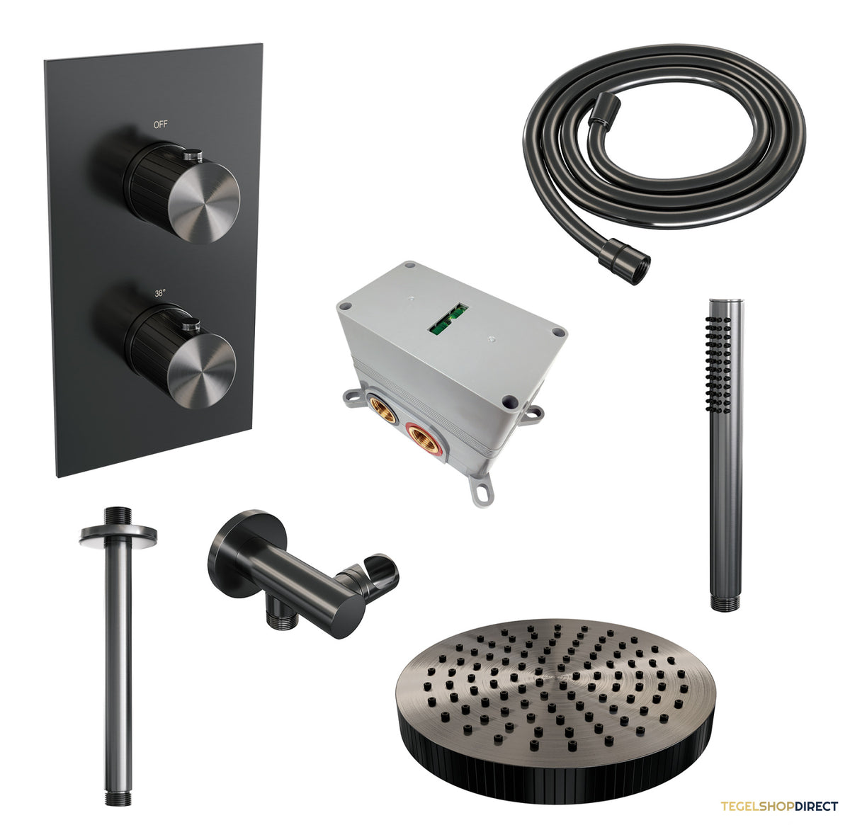 Brauer Stripe thermostatische inbouw regendouche 3-weg rechthoekig SET 15 met 25 cm douchekop en plafondarm en staaf handdouche en doucheslang en wandaansluitbocht gunmetal geborsteld PVD – afbeelding 3