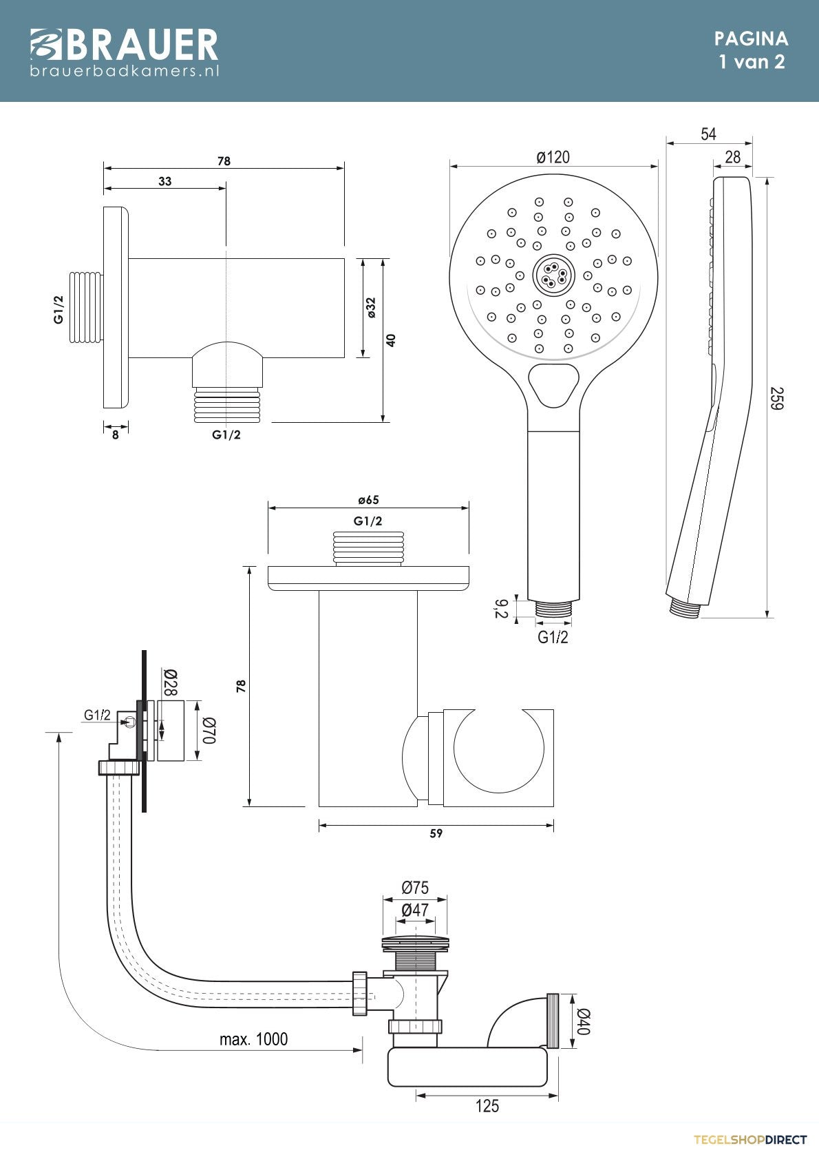Brauer Stripe thermostatische inbouw badkraan SET 02 met badvulcombinatie en 3-standen handdouche en doucheslang en wandaansluitbocht mat zwart – afbeelding 9