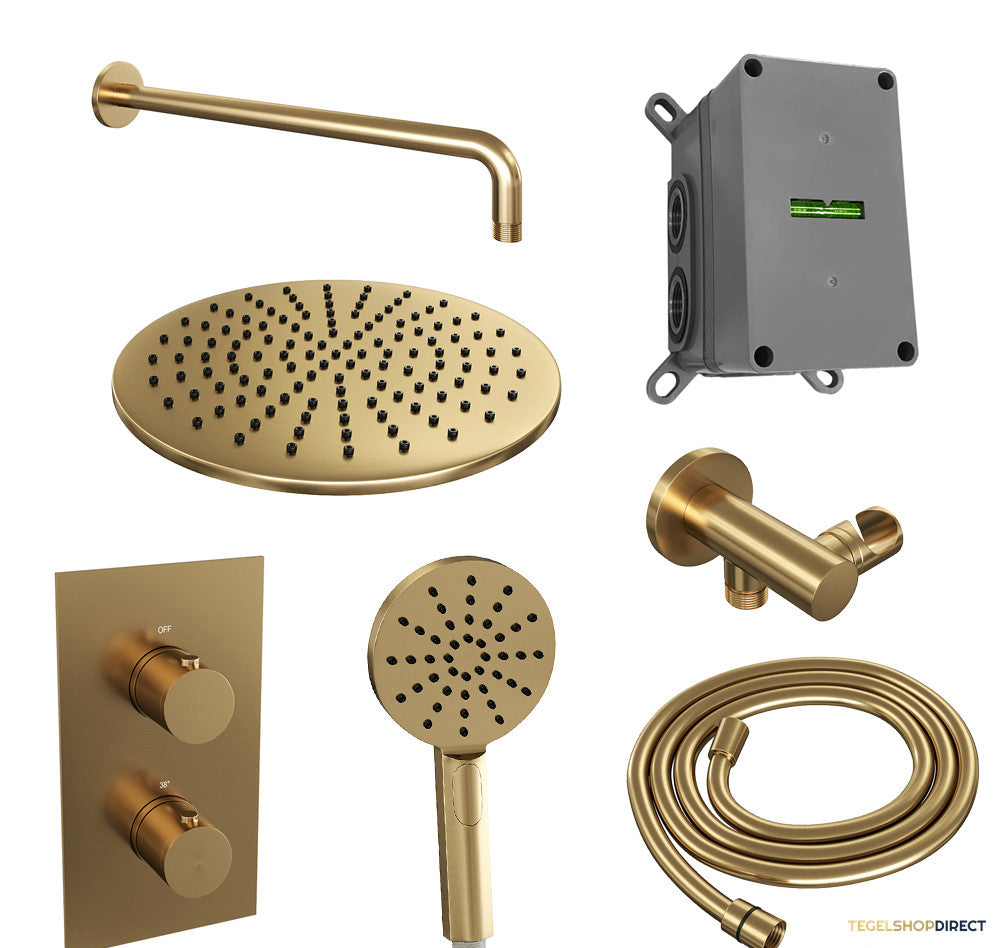 Regendoucheset Inbouw Brauer Gold Edition Thermostatisch 30cm met 3-Weg Omstelling, Gebogen Wandarm en 3-Standen Handdouche Geborsteld Goud – afbeelding 2