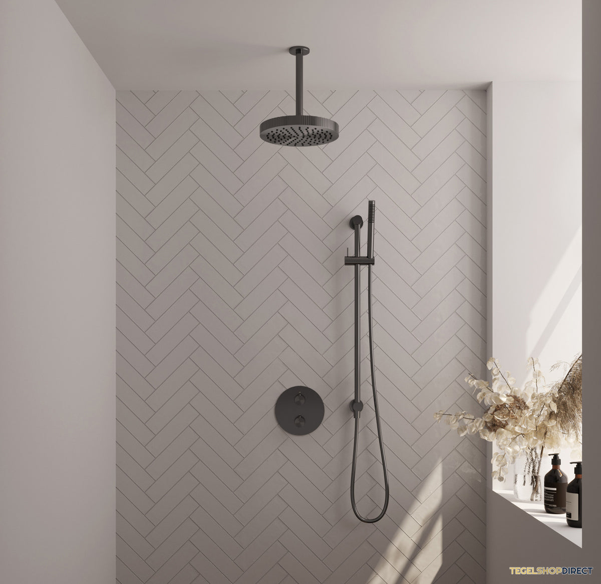 Brauer Stripe thermostatische inbouw regendouche 3-weg rond SET 45 met 25 cm douchekop en plafondarm en staaf handdouche en doucheslang en geintegreerde glijstang gunmetal geborsteld PVD