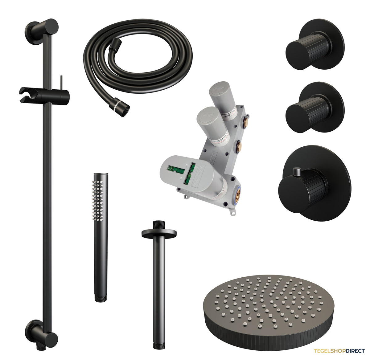 Brauer Stripe thermostatische inbouw regendouche SET 09 met 25 cm douchekop en plafondarm en staaf handdouche en doucheslang en geintegreerde glijstang mat zwart – afbeelding 3