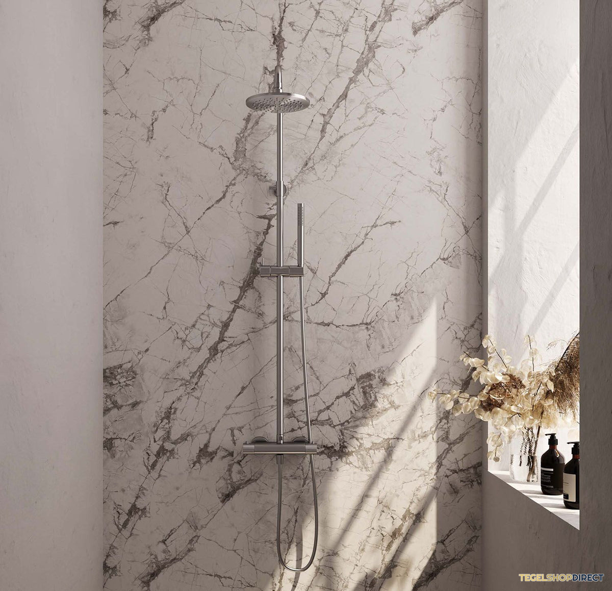 Regendoucheset Opbouw Brauer Brushed Carving 20 cm Thermostatisch met Staaf Handdouche Geborsteld RVS