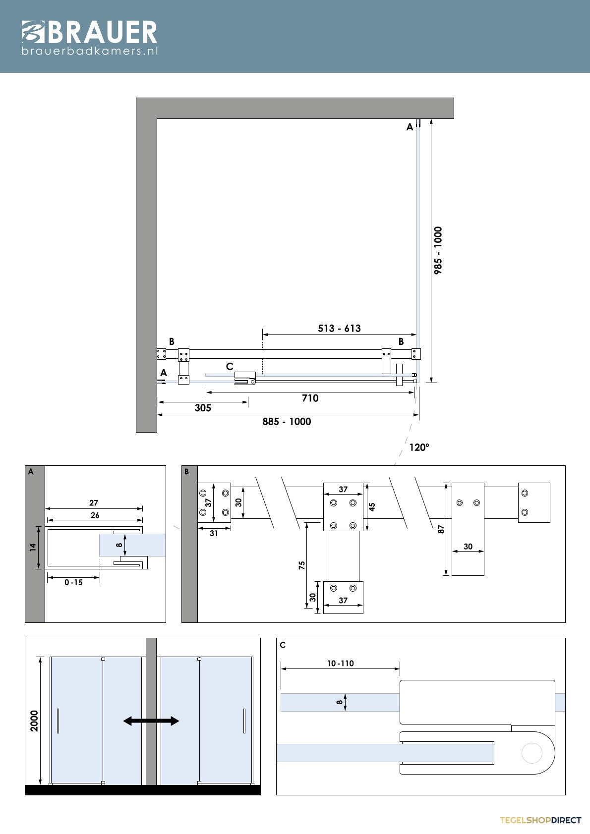 BRAUER Stellar douchecabine met draaideur helder glas 100x100x200 omkeerbaar incl. glascoating PVD RVS-kleurig geborsteld – afbeelding 7
