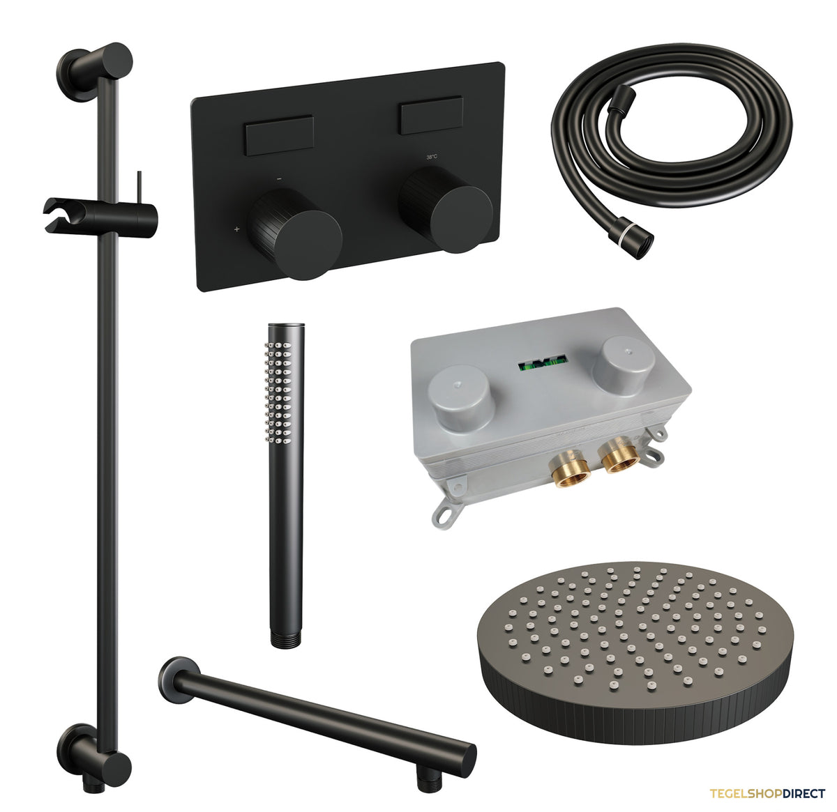 Brauer Stripe thermostatische inbouw regendouche met drukknoppen SET 31 met 25 cm douchekop en rechte muurarm en staaf handdouche en doucheslang en geintegreerde glijstang mat zwart – afbeelding 3