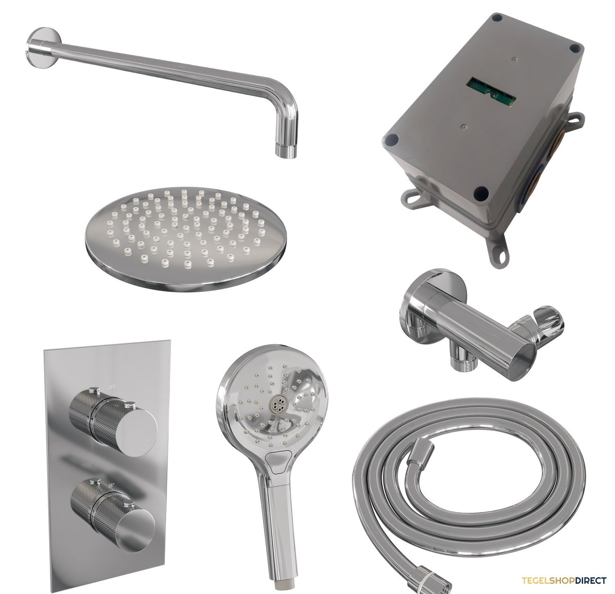 Regendoucheset Inbouw Brauer Chrome Carving Thermostatisch 20cm met 3-Weg Omstelling, Gebogen Wandarm en 3-Standen Handdouche Chroom – afbeelding 11