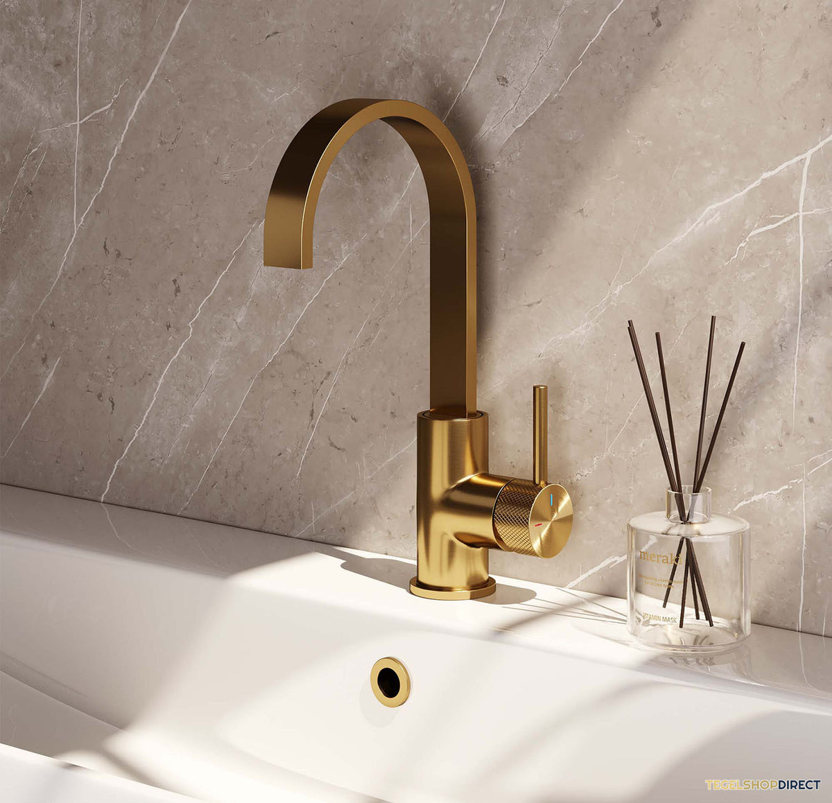 Wastafelmengkraan Brauer Gold Carving Coldstart Opbouw Hoog Plat Gebogen Ronde Hendel Geborsteld Goud PVD PVD – afbeelding 2