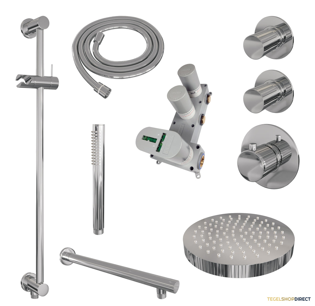 Brauer Stripe thermostatische inbouw regendouche SET 07 met 25 cm douchekop en rechte muurarm en staaf handdouche en doucheslang en geintegreerde glijstang chroom – afbeelding 3
