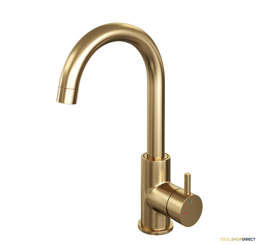 Wastafelmengkraan Brauer Gold Edition Coldstart Opbouw Hoog Gebogen Korte Ronde Hendel Geborsteld Goud PVD