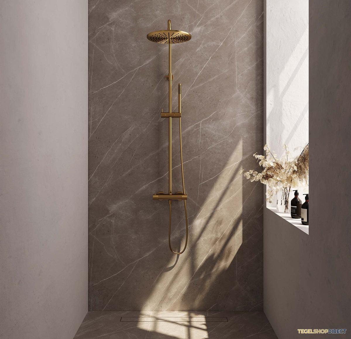 Regendoucheset Opbouw Brauer Gold Carving 30 cm Thermostatisch met Staaf Handdouche Geborsteld Goud – afbeelding 2