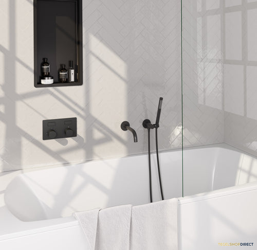 Brauer Stripe thermostatische inbouw badkraan met drukknoppen SET 03 met uitloop en staaf handdouche en doucheslang en wandaansluitbocht mat zwart