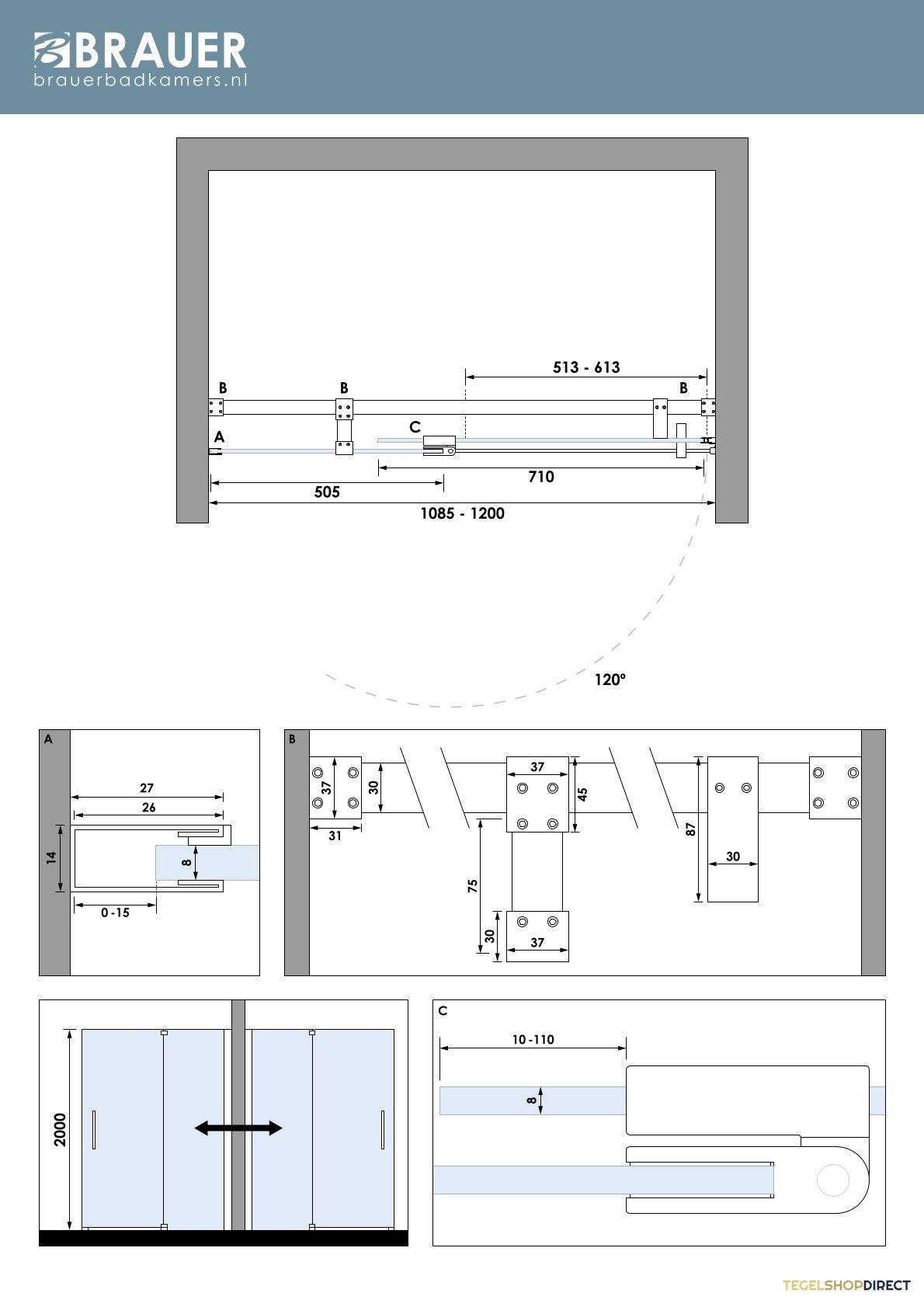 BRAUER Stellar nisdeur 2-delig draaiend helder glas 120x200 omkeerbaar incl. glascoating PVD koper geborsteld – afbeelding 7