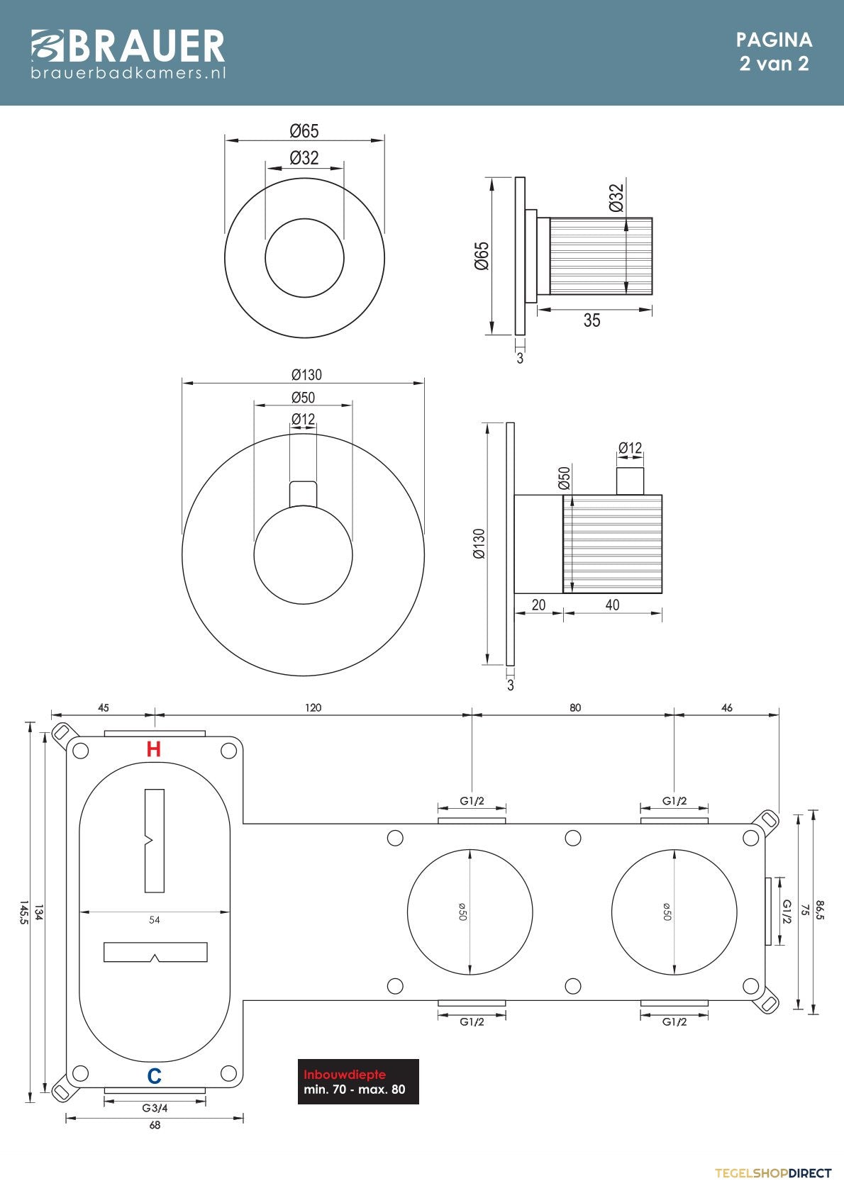 Brauer Stripe thermostatische inbouw badkraan SET 01 met badvulcombinatie en staaf handdouche en doucheslang en wandaansluitbocht chroom – afbeelding 10