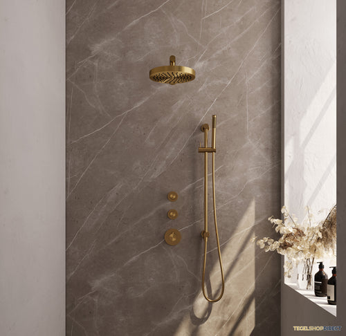 Brauer Stripe thermostatische inbouw regendouche SET 07 met 25 cm douchekop en rechte muurarm en staaf handdouche en doucheslang en geintegreerde glijstang goud geborsteld PVD
