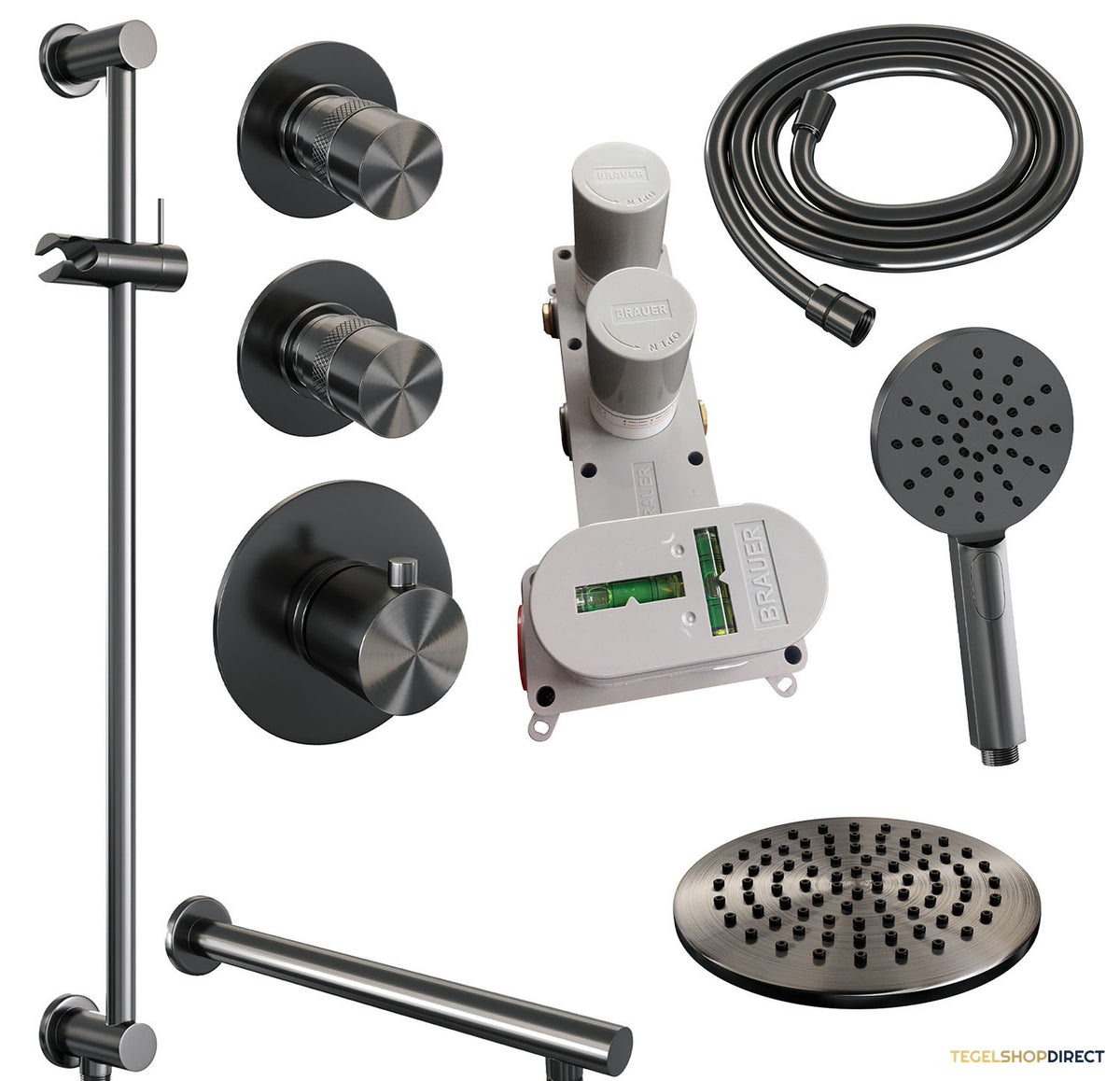 Regendoucheset Inbouw Brauer Gunmetal Edition Thermostatisch 20cm met Wandarm, Glijstang en Handdouche 3-Standen Losse Stopkranen Geborsteld Gunmetal – afbeelding 3