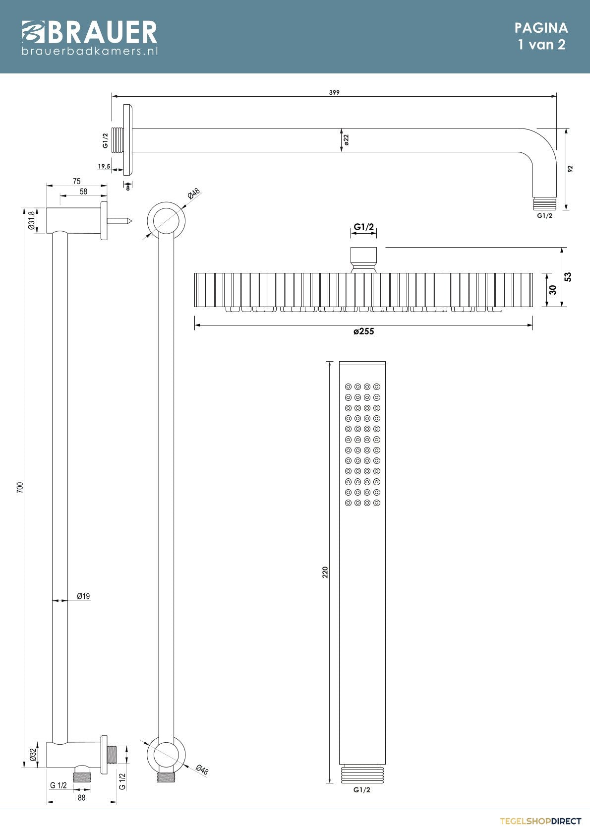 Brauer Stripe thermostatische inbouw regendouche SET 08 met 25 cm douchekop en gebogen muurarm en staaf handdouche en doucheslang en geintegreerde glijstang mat zwart – afbeelding 9