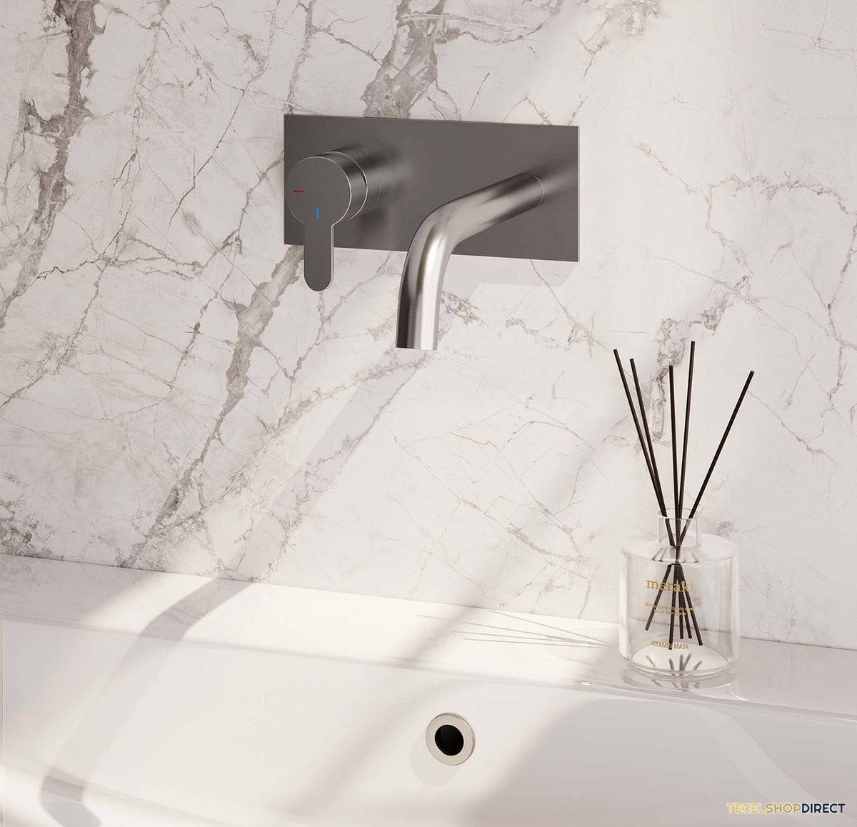 Inbouw Wastafelmengkraan Brauer Brushed Edition Coldstart Gebogen Uitloop Korte Platte Hendel Links Geborsteld RVS PVD Met Afdekplaat – afbeelding 2