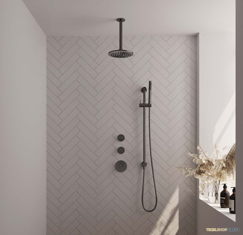 Regendoucheset Inbouw Brauer Gunmetal Carving Thermostatisch 20cm met Plafondarm, Glijstang en Handdouche Staaf Losse Stopkranen Geborsteld Gunmetal