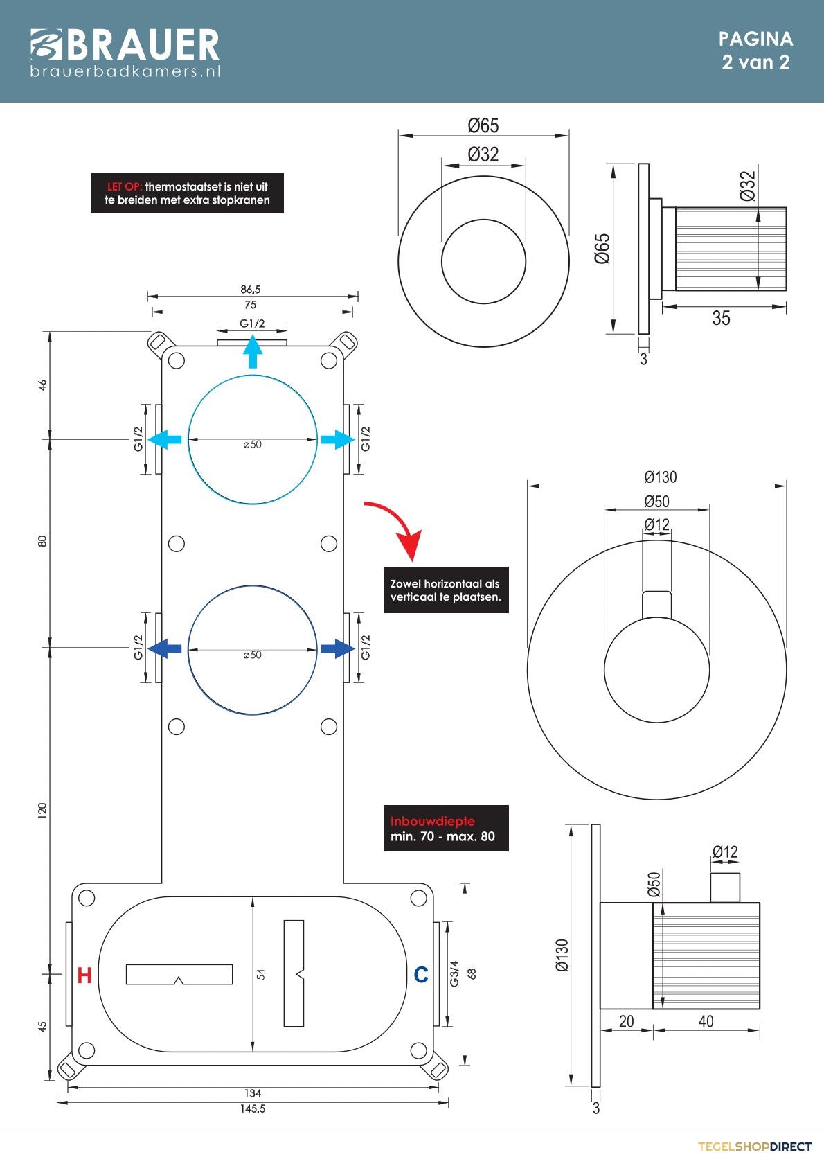 Brauer Stripe thermostatische inbouw regendouche SET 11 met 25 cm douchekop en gebogen muurarm en 3-standen handdouche en doucheslang en geintegreerde glijstang RVS-kleurig geborsteld PVD – afbeelding 10