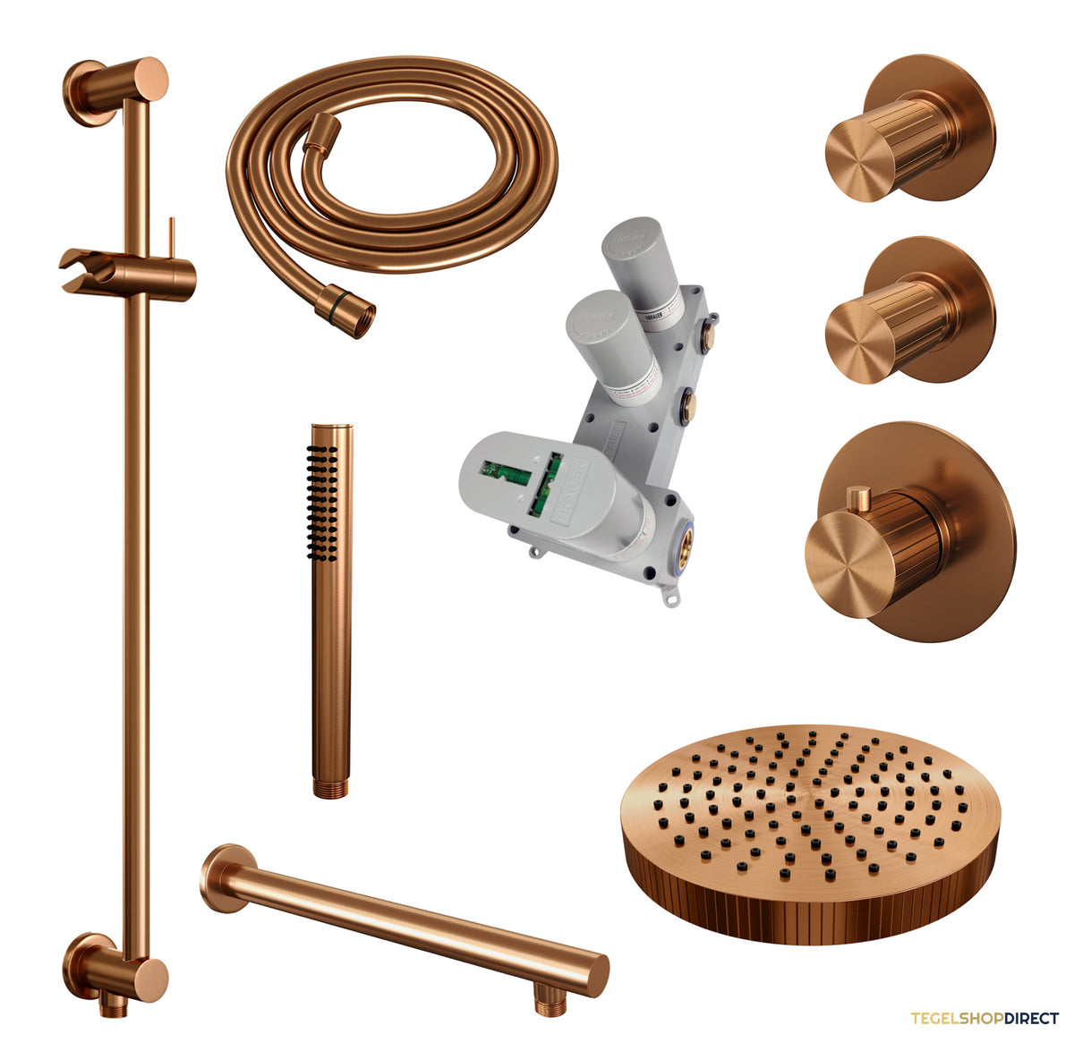 Brauer Stripe thermostatische inbouw regendouche SET 07 met 25 cm douchekop en rechte muurarm en staaf handdouche en doucheslang en geintegreerde glijstang koper geborsteld PVD – afbeelding 3