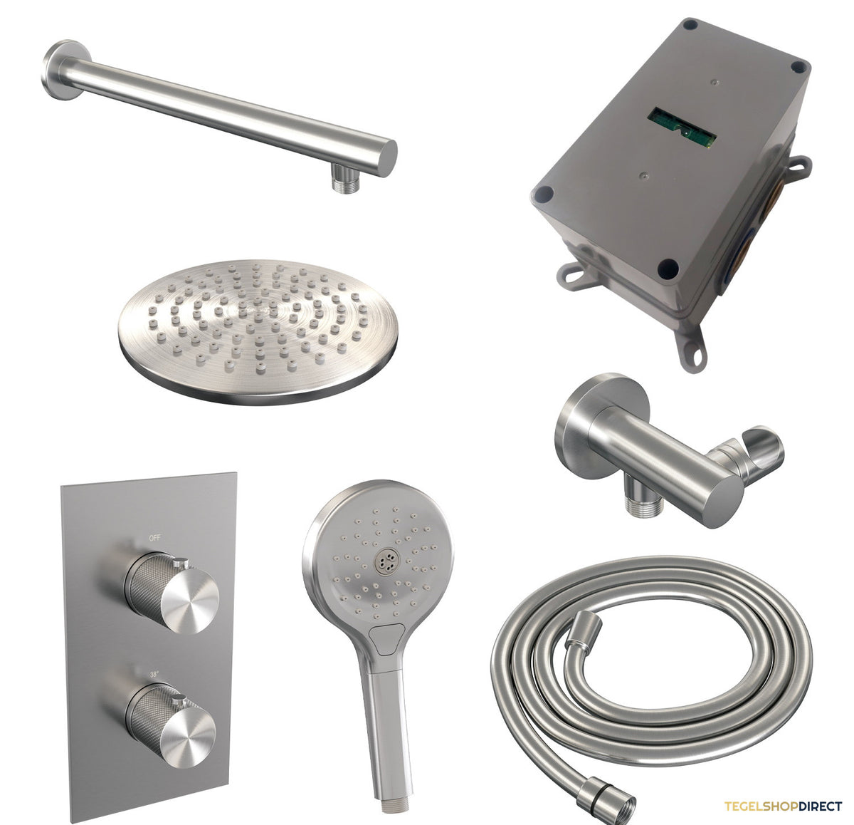 Regendoucheset Inbouw Brauer Brushed Carving Thermostatisch 20cm met 3-Weg Omstelling, Wandarm en 3-Standen Handdouche Geborsteld RVS – afbeelding 11