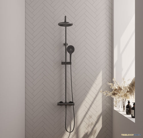 Regendoucheset Opbouw Brauer Gunmetal Carving 20 cm Thermostatisch met Handdouche 3-Standen Geborsteld Gunmetal