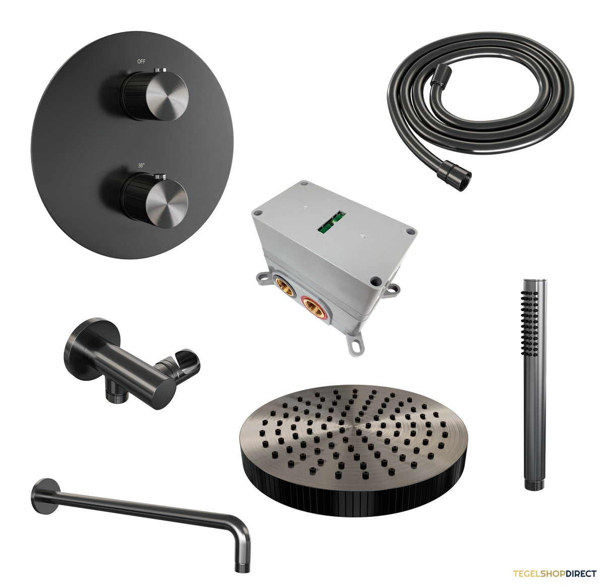 Brauer Stripe thermostatische inbouw regendouche 3-weg rond SET 38 met 25 cm douchekop en gebogen muurarm en staaf handdouche en doucheslang en wandaansluitbocht gunmetal geborsteld PVD – afbeelding 3