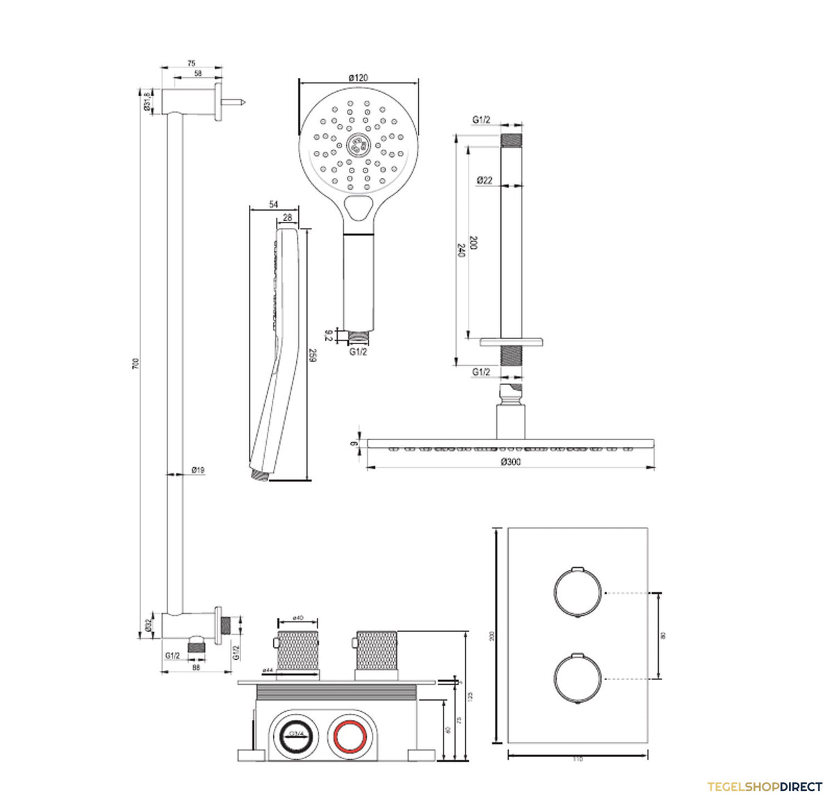 Regendoucheset Inbouw Brauer Copper Carving Thermostatisch 30cm met 3-Weg Omstelling, Plafondarm, Glijstang en Handdouche 3-Standen Geborsteld Koper – afbeelding 13