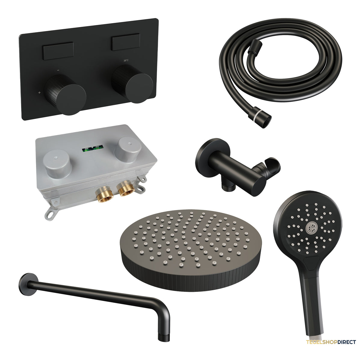 Brauer Stripe thermostatische inbouw regendouche met drukknoppen SET 29 met 25 cm douchekop en gebogen muurarm en 3-standen handdouche en doucheslang en wandaansluitbocht mat zwart – afbeelding 3
