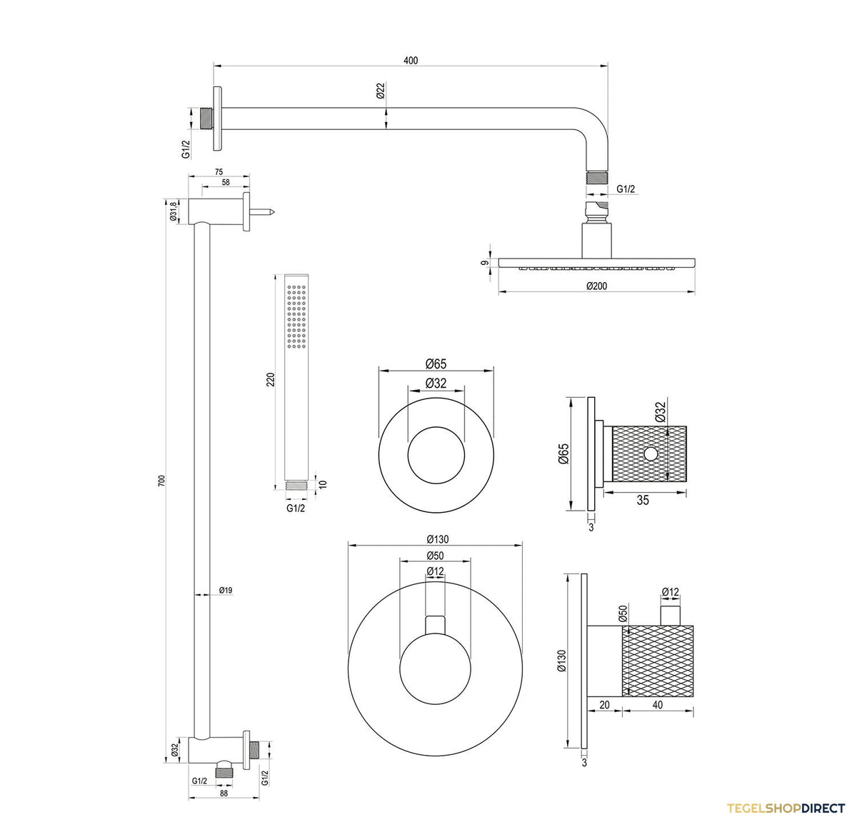 Regendoucheset Inbouw Brauer Chrome Carving Thermostatisch 20cm met Gebogen Wandarm, Glijstang en Handdouche Staaf Losse Stopkranen Chroom – afbeelding 12
