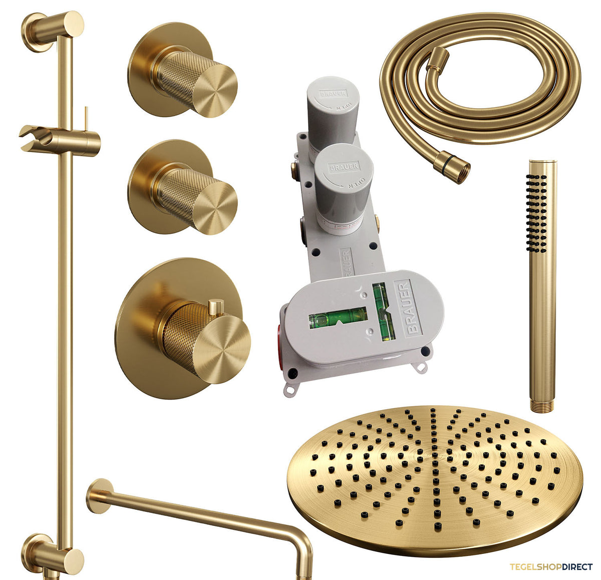Regendoucheset Inbouw Brauer Gold Carving Thermostatisch 30cm met Gebogen Wandarm, Glijstang en Handdouche Staaf Losse Stopkranen Geborsteld Goud – afbeelding 4