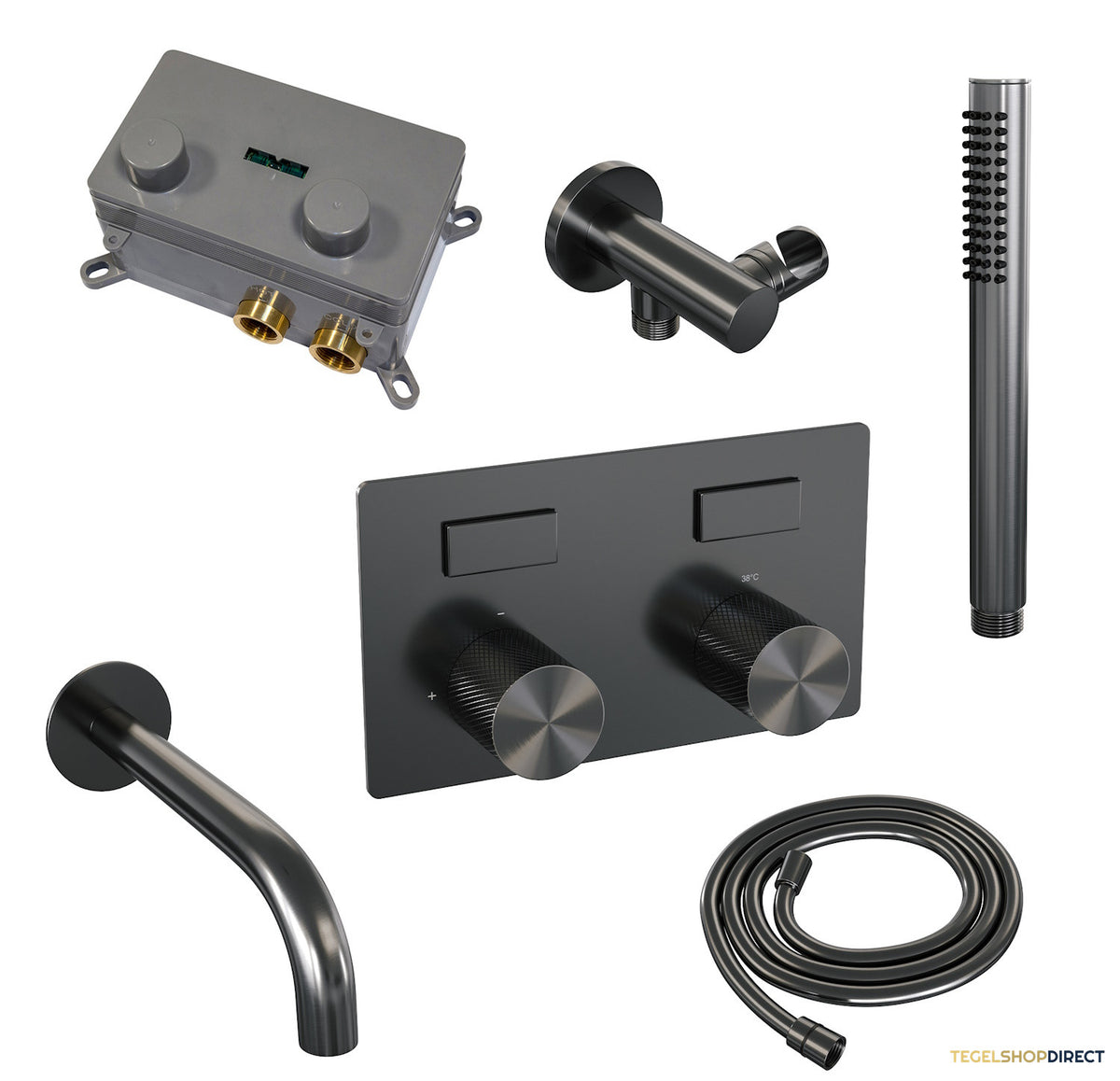 Inbouwthermostaat set Brauer Carving Met Drukknoppen Incl Baduitloop Gunmetal (Keuze Handdouche) – afbeelding 5