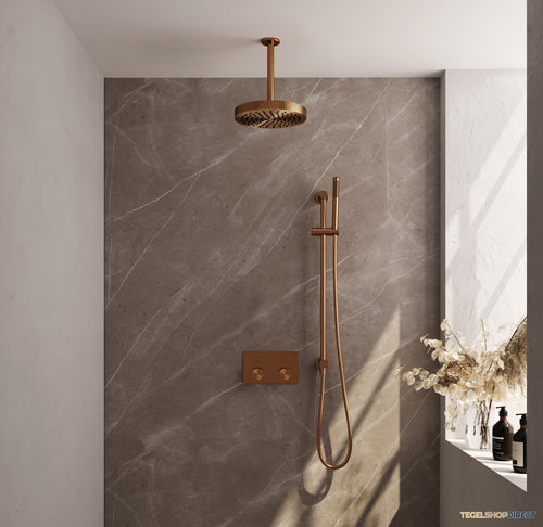 Brauer Stripe thermostatische inbouw regendouche met drukknoppen SET 33 met 25 cm douchekop en plafondarm en staaf handdouche en doucheslang en geintegreerde glijstang koper geborsteld PVD