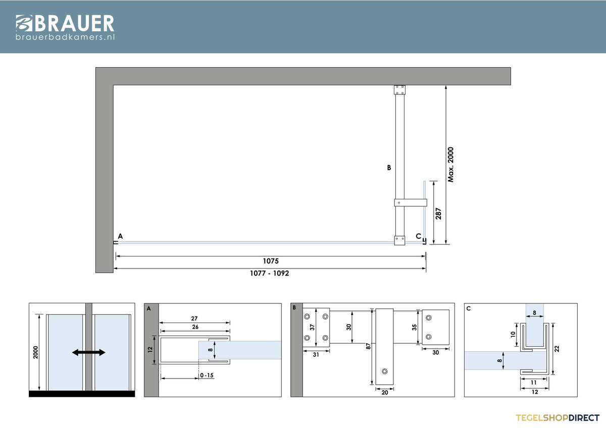 BRAUER Oblivion inloopdouche helder glas 110x200 met zijwand 30 incl. glascoating mat zwart – afbeelding 5