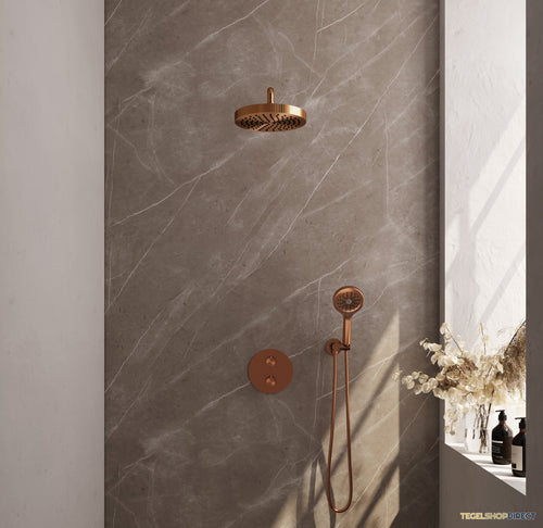 Brauer Stripe thermostatische inbouw regendouche 3-weg rond SET 41 met 25 cm douchekop en gebogen muurarm en 3-standen handdouche en doucheslang en wandaansluitbocht koper geborsteld PVD