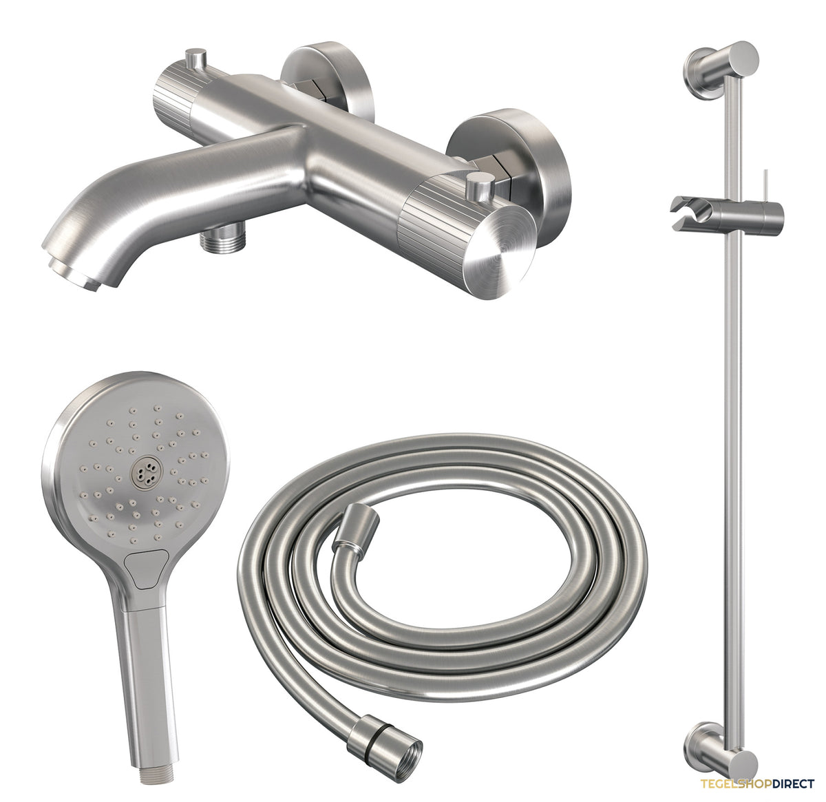 Brauer Stripe opbouw baddouche thermostaatkraan SET 02 met glijstang en 3-standen handdouche en doucheslang RVS-kleurig geborsteld PVD – afbeelding 2