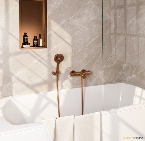 Brauer Stripe opbouw baddouche thermostaatkraan SET 04 met wandhouder en 3-standen handdouche en doucheslang koper geborsteld PVD