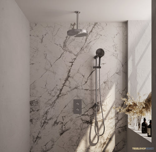 Brauer Stripe thermostatische inbouw regendouche 3-weg rechthoekig SET 24 met 25 cm douchekop en plafondarm en 3-standen handdouche en doucheslang en geintegreerde glijstang RVS-kleurig geborsteld PVD