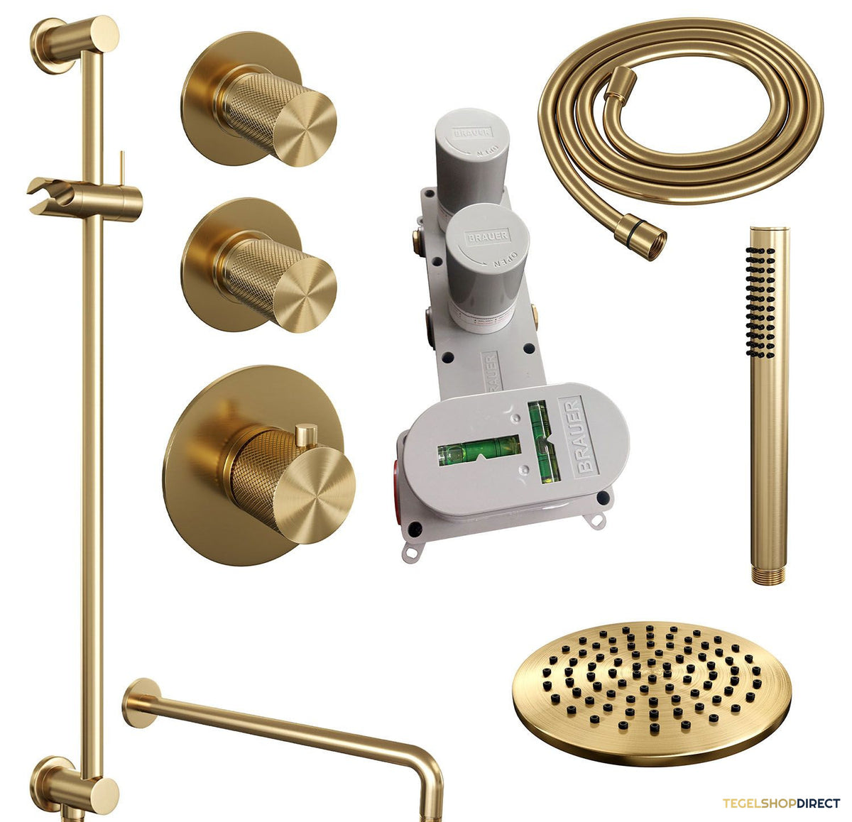 Regendoucheset Inbouw Brauer Gold Carving Thermostatisch 20cm met Gebogen Wandarm, Glijstang en Handdouche Staaf Losse Stopkranen Geborsteld Goud – afbeelding 4