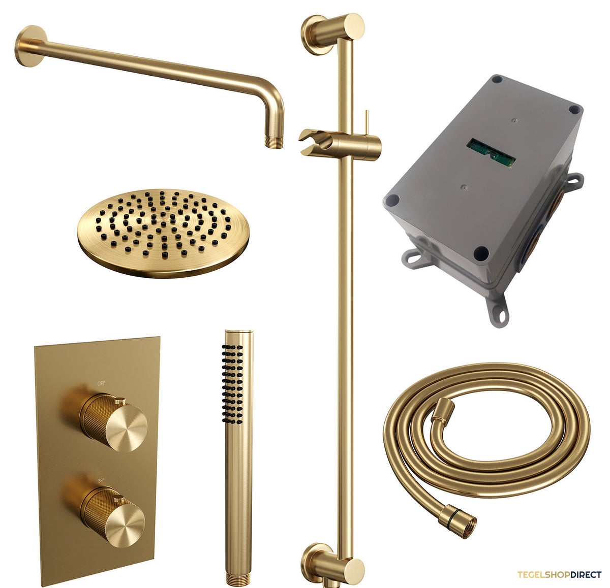 Regendoucheset Inbouw Brauer Gold Carving Thermostatisch 20cm met 3-Weg Omstelling, Gebogen Wandarm, Glijstang en Staaf Handdouche Geborsteld Goud – afbeelding 4