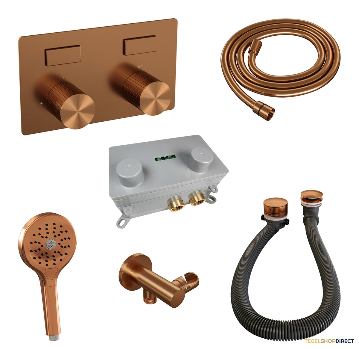 Brauer Stripe thermostatische inbouw badkraan met drukknoppen SET 04 met badvulcombinatie en 3-standen handdouche en doucheslang en wandaansluitbocht koper geborsteld PVD – afbeelding 2