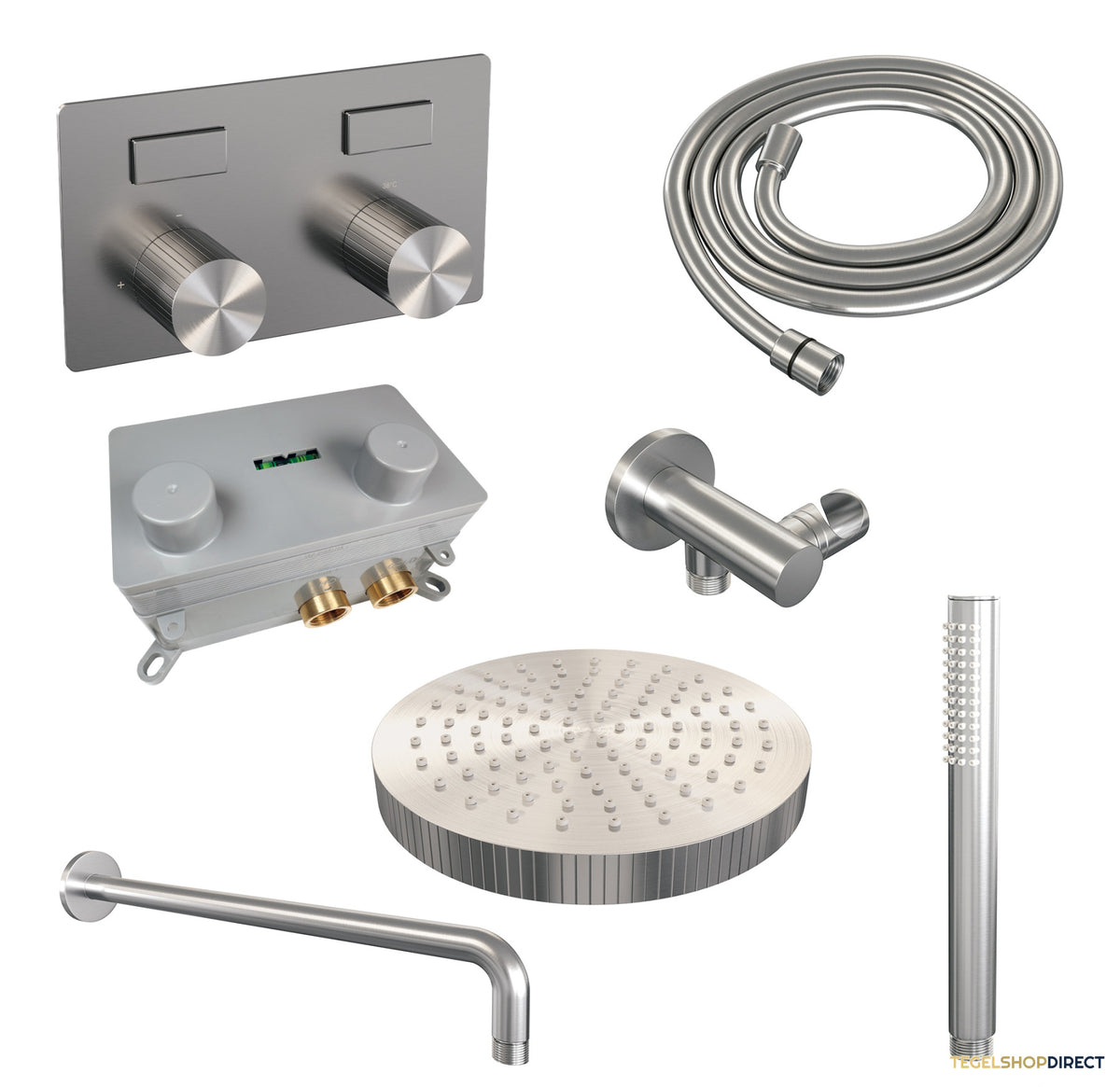 Brauer Stripe thermostatische inbouw regendouche met drukknoppen SET 26 met 25 cm douchekop en gebogen muurarm en staaf handdouche en doucheslang en wandaansluitbocht RVS-kleurig geborsteld PVD – afbeelding 3