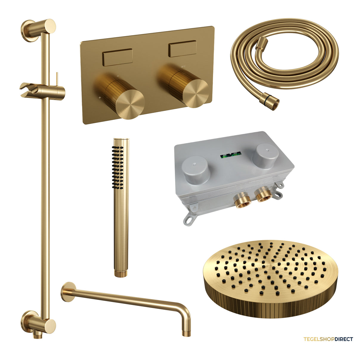 Brauer Stripe thermostatische inbouw regendouche met drukknoppen SET 32 met 25 cm douchekop en gebogen muurarm en staaf handdouche en doucheslang en geintegreerde glijstang goud geborsteld PVD – afbeelding 3