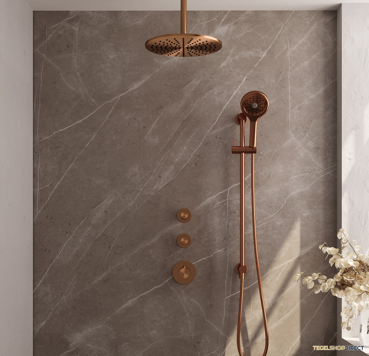 Thermostatisch Inbouwdoucheset Brauer Copper 30cm Hoofddouche Plafondarm 3 Standen Handdouche op Glijstang Koper – afbeelding 2