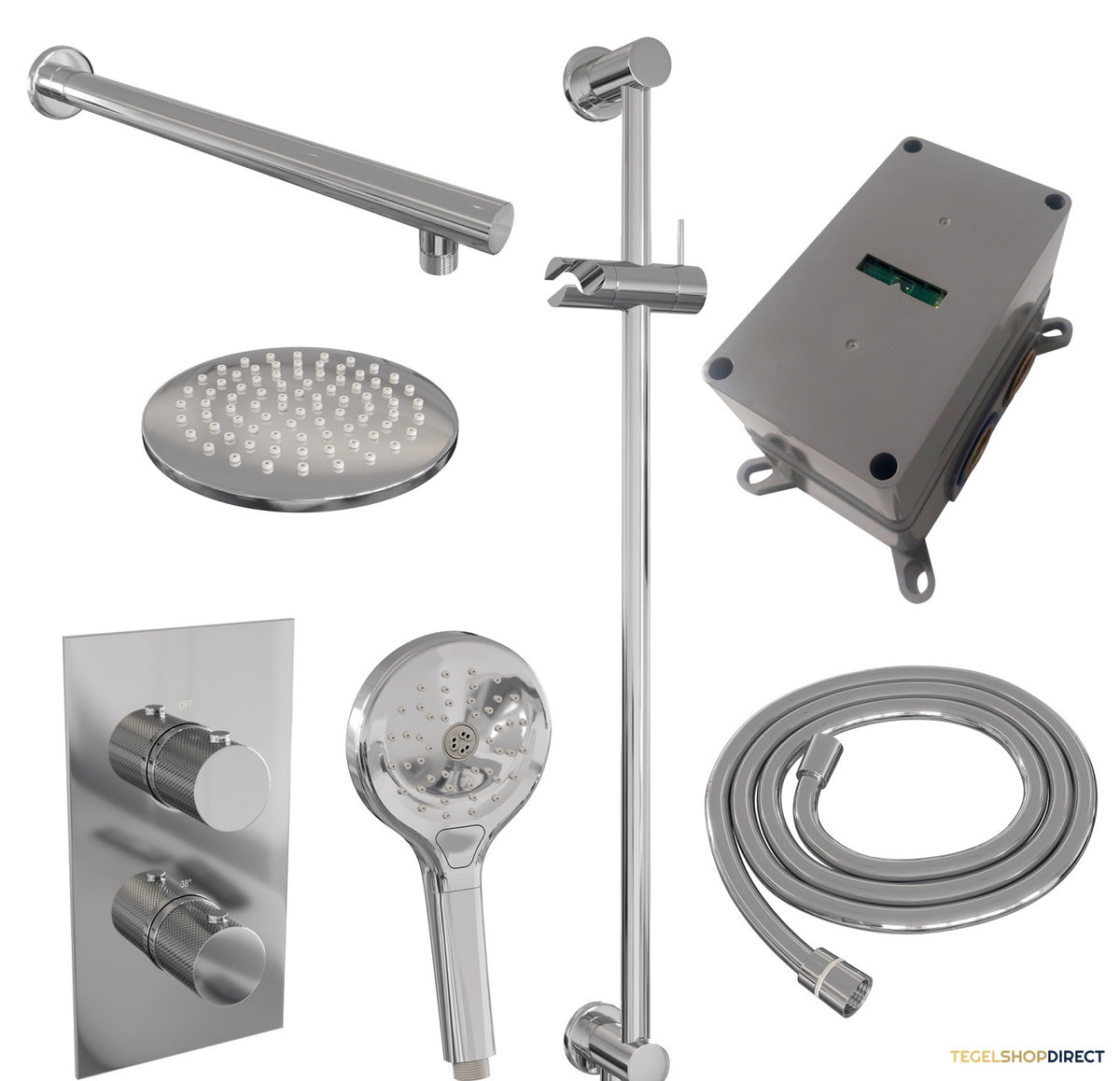 Regendoucheset Inbouw Brauer Chrome Carving Thermostatisch 20cm met 3-Weg Omstelling, Wandarm, Glijstang en Handdouche 3-Standen Chroom – afbeelding 11