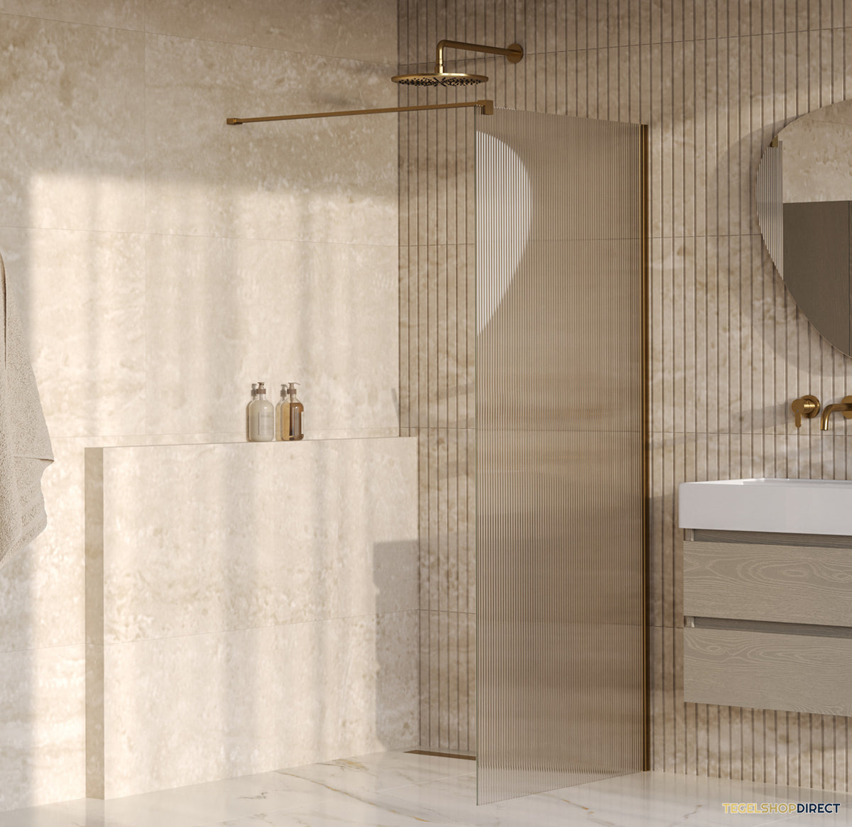 BRAUER Oblivion Flow inloopdouche helder ribbelglas 90x200 incl. glascoating Geborsteld Goud PVD