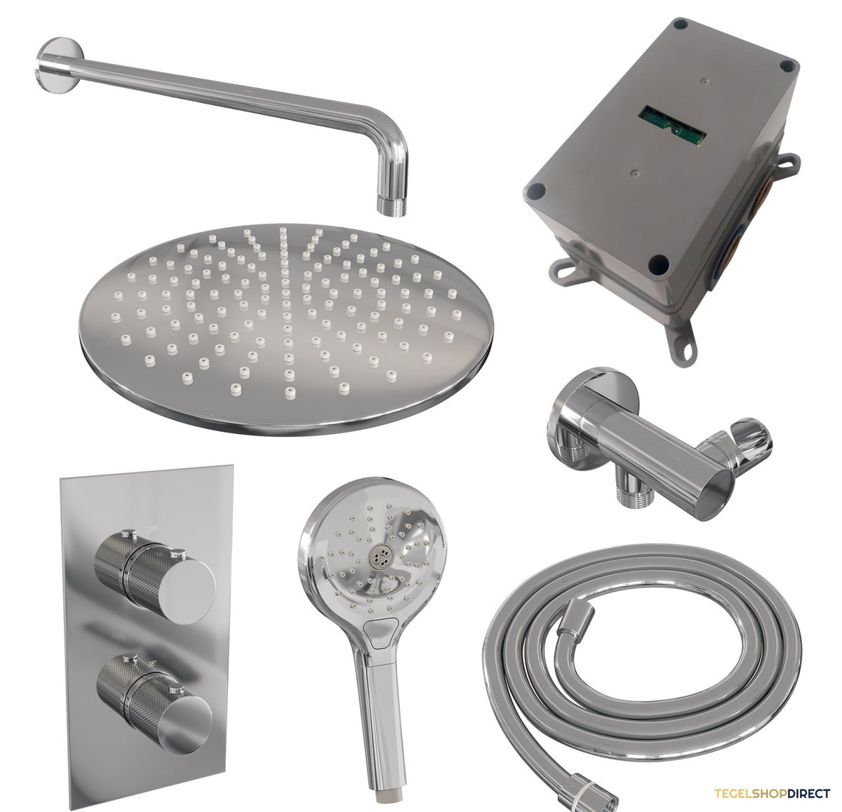 Regendoucheset Inbouw Brauer Chrome Carving Thermostatisch 30cm met 3-Weg Omstelling, Gebogen Wandarm en 3-Standen Handdouche Chroom – afbeelding 10