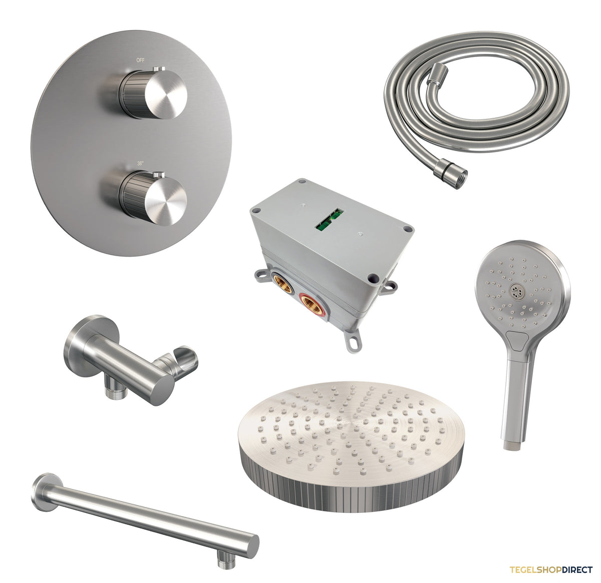 Brauer Stripe thermostatische inbouw regendouche 3-weg rond SET 40 met 25 cm douchekop en rechte muurarm en 3-standen handdouche en doucheslang en wandaansluitbocht RVS-kleurig geborsteld PVD – afbeelding 3