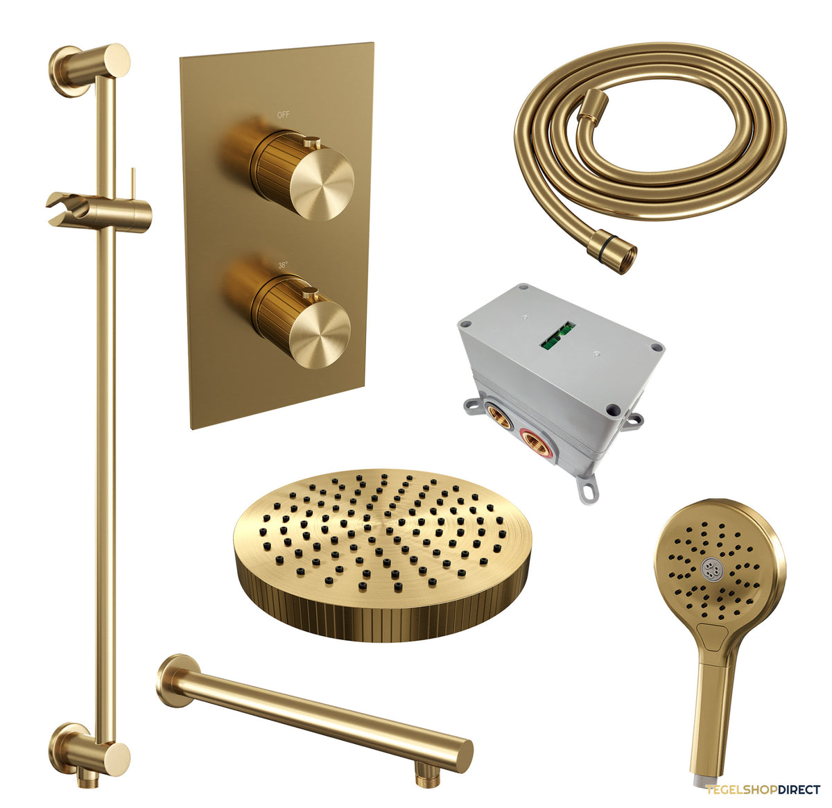 Brauer Stripe thermostatische inbouw regendouche 3-weg rechthoekig SET 22 met 25 cm douchekop en rechte muurarm en 3-standen handdouche en doucheslang en geintegreerde glijstang goud geborsteld PVD – afbeelding 3