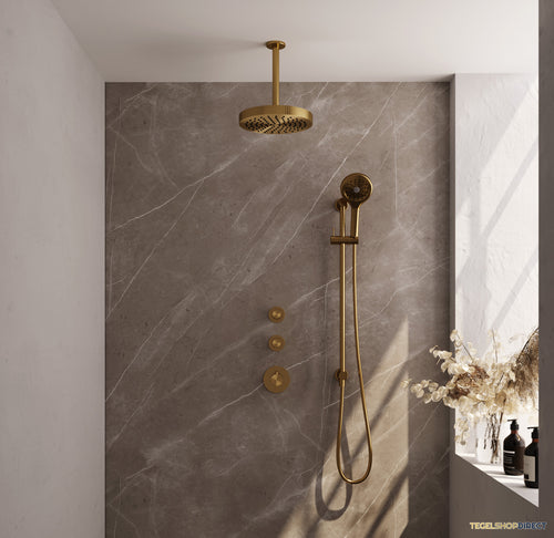 Brauer Stripe thermostatische inbouw regendouche SET 12 met 25 cm douchekop en plafondarm en 3-standen handdouche en doucheslang en geintegreerde glijstang goud geborsteld PVD